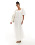 [ASOS DESIGN] ASOS DESIGN crinkle midi smock dress with puff half-sleeve in cream-White 10 CREAM