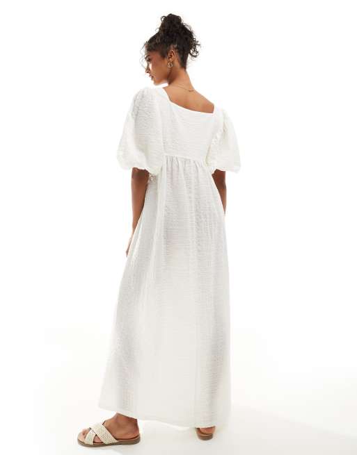 ASOS DESIGN crinkle midi smock dress with puff half-sleeve in cream, 4 of 4