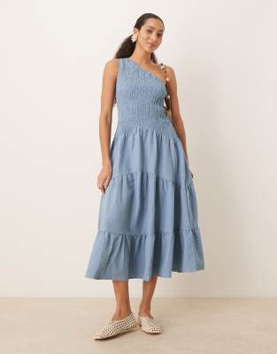 ASOS DESIGN - Crinkle-Midikleid in Stahlblau mit asymmetrischem Ausschnitt