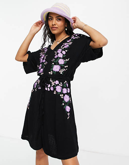 ASOS DESIGN crinkle mini dress with drawstring waist with floral embroidery in black