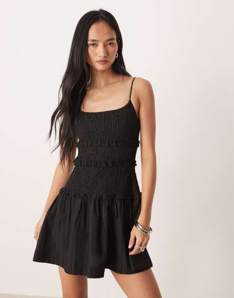 ASOS DESIGN crinkle mini dress with shirred dropped waist in black - view 1