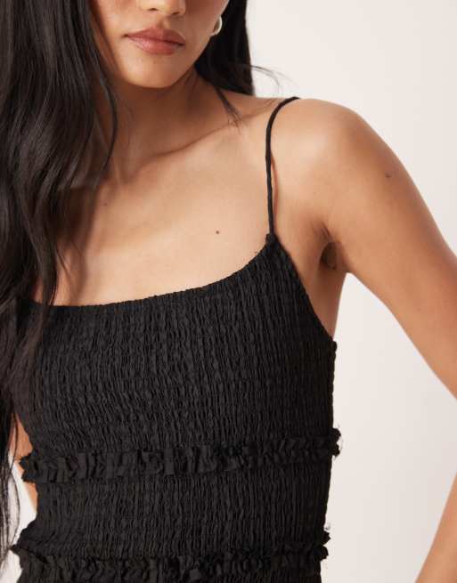 ASOS DESIGN crinkle mini sundress with shirred dropped waist in black, 3 of 4