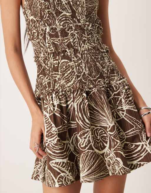 ASOS DESIGN crinkle mini sundress with shirred dropped waist in chocolate shell print , 3 of 4
