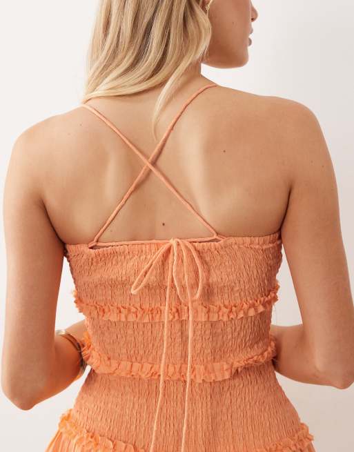 ASOS DESIGN crinkle mini sundress with shirred dropped waist in orange spritz, 2 of 4