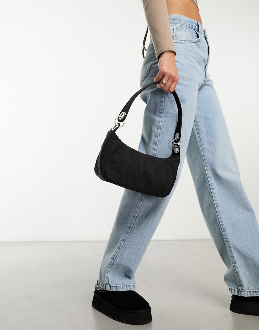 crinkle nylon shoulder bag with double ring detail in black