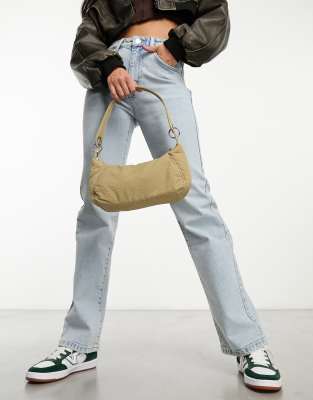 crinkle nylon shoulder bag with double ring detail in stone-Neutral