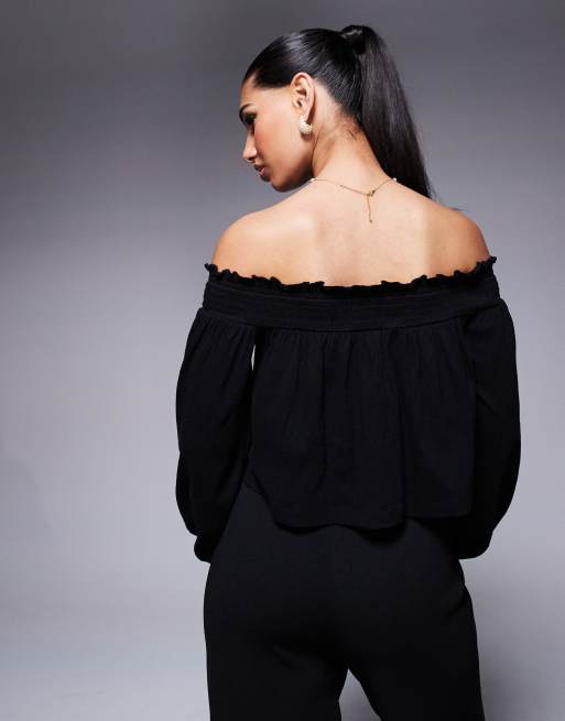 ASOS DESIGN crinkle off shoulder balloon sleeve top in black