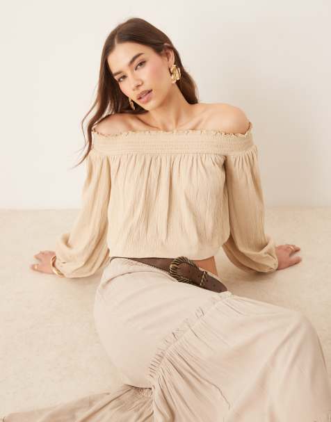 ASOS DESIGN crinkle off the shoulder balloon sleeve top in stone - view 1