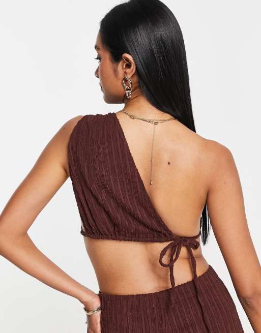 ASOS DESIGN crinkle one shoulder bralette in brown - part of a set