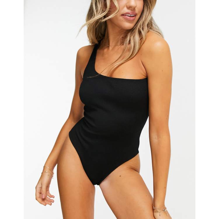 ASOS DESIGN asymmetric one shoulder high leg swimsuit in black