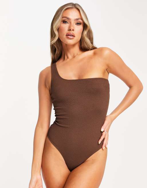 ASOS DESIGN crinkle one shoulder swimsuit in chocolate brown