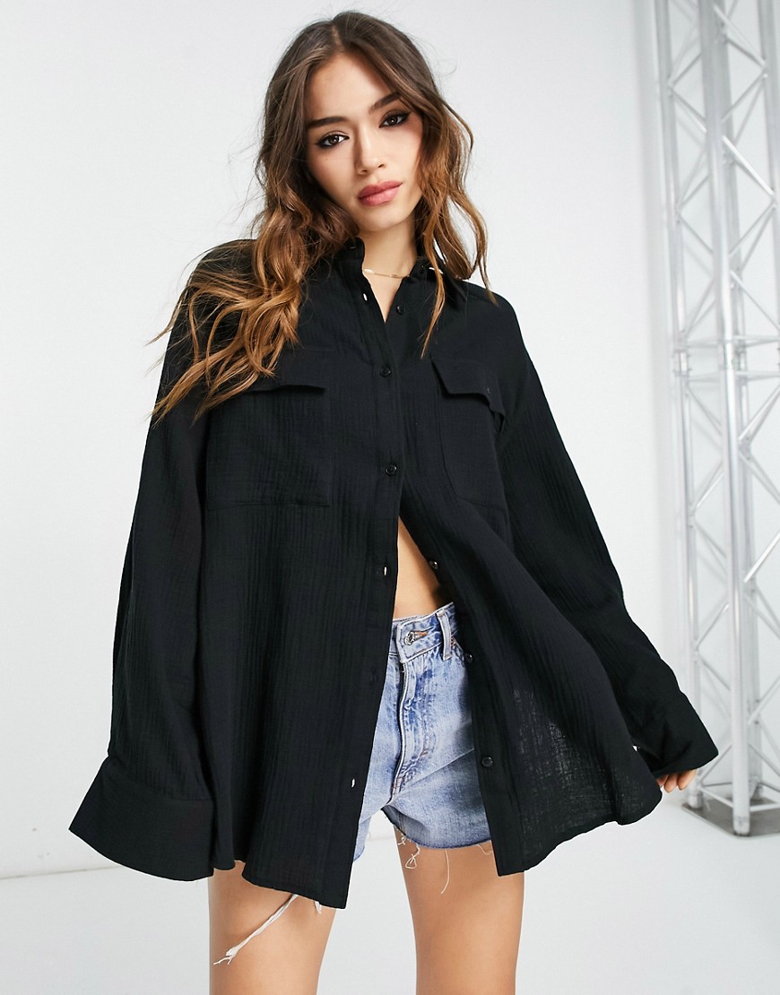 ASOS DESIGN crinkle oversized shirt with wide cuff detail in black