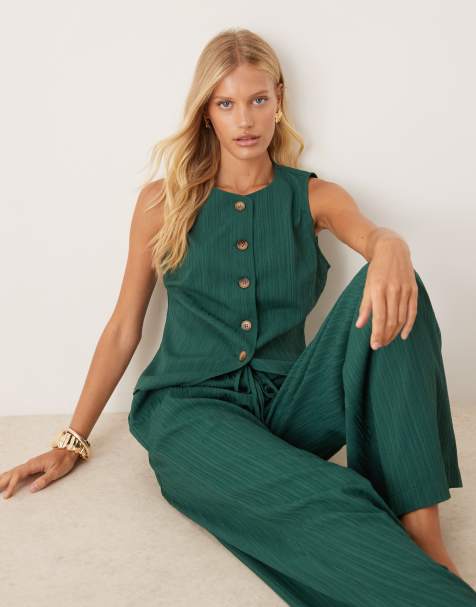 ASOS DESIGN crinkle palazzo pants and crinkle top set in bottle green - view 1