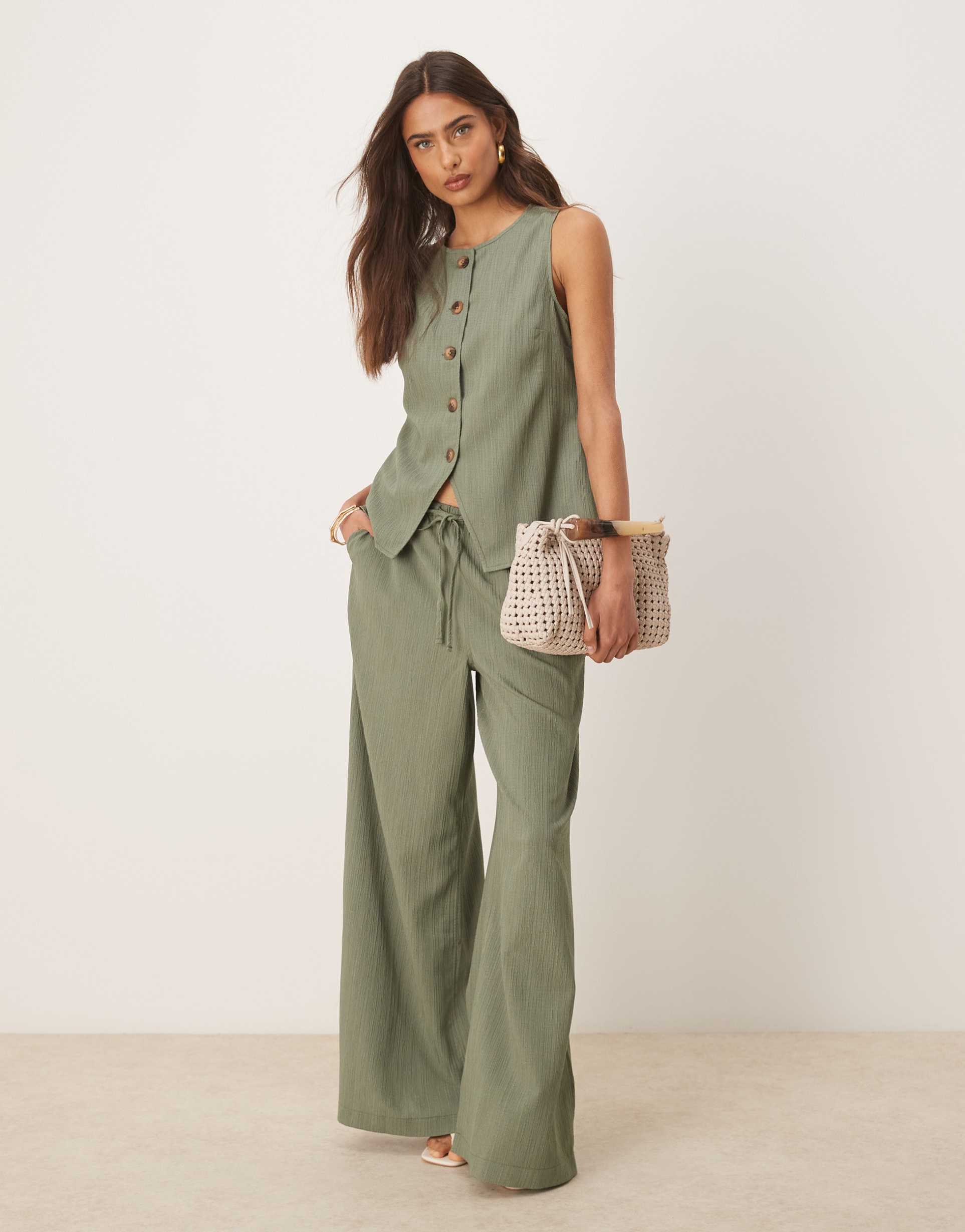 asos design crinkle palazzo pants in olive green - part of a set