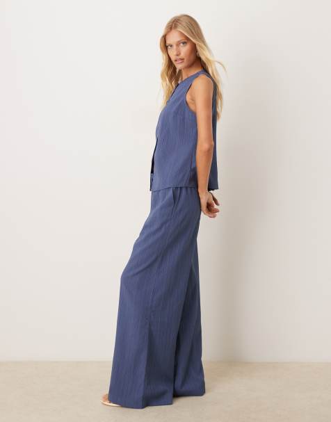 ASOS DESIGN crinkle palazzo trousers and crinkle top co-ord in denim blue - view 1