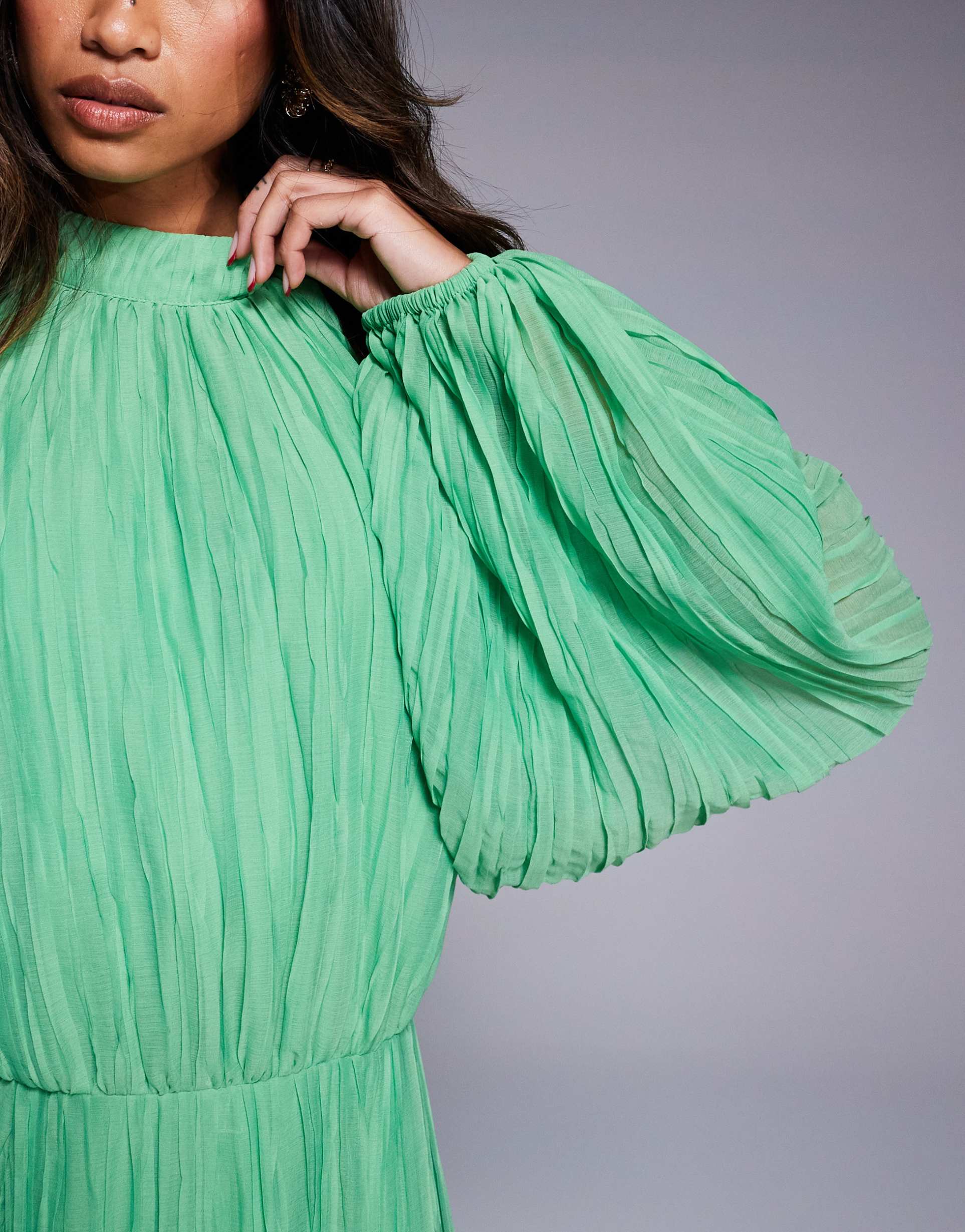 asos design crinkle pleat blouson sleeve high neck maxi dress in green