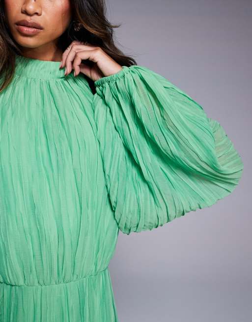 ASOS DESIGN crinkle pleat blouson sleeve high neck maxi dress in green
