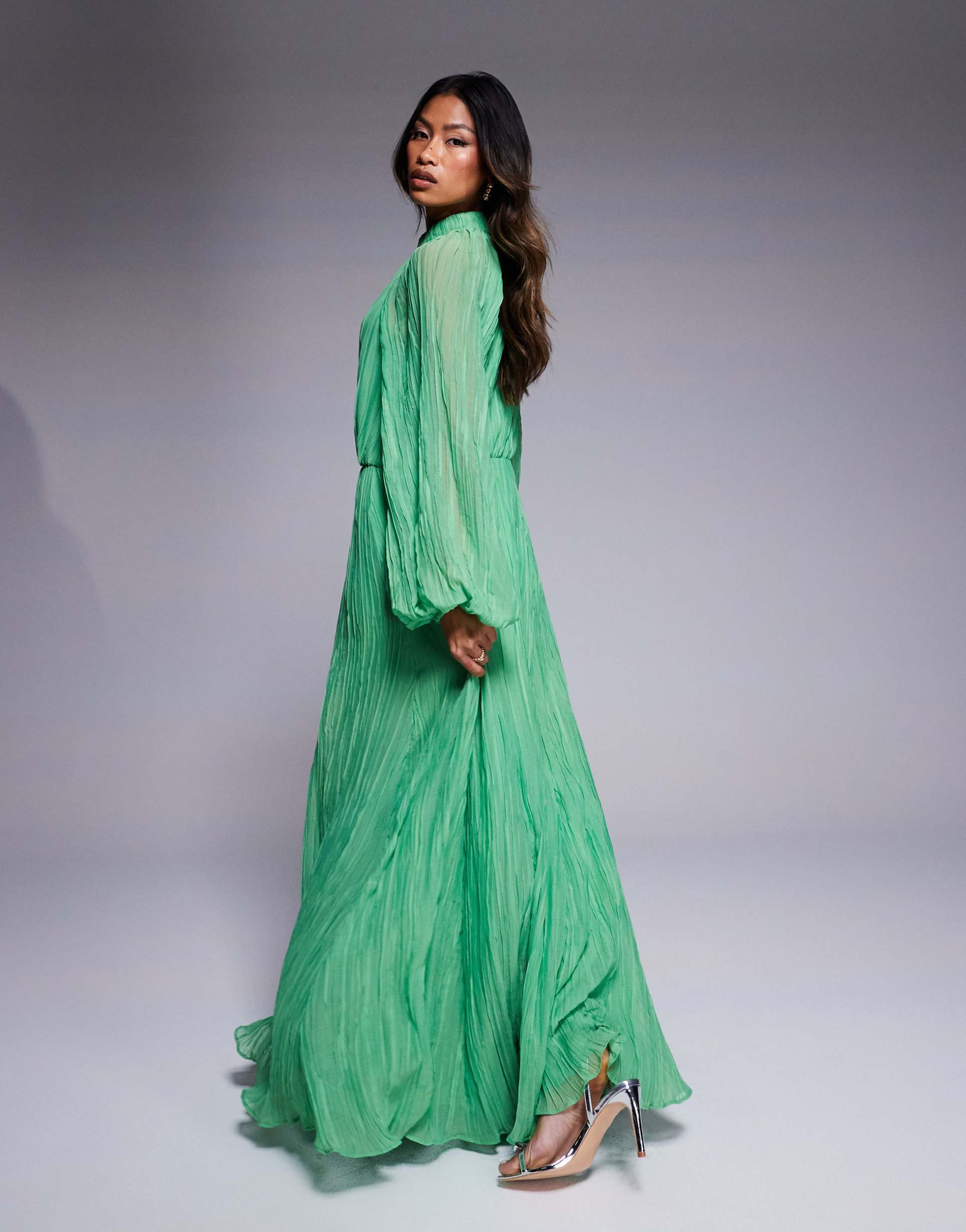 asos design crinkle pleat blouson sleeve high neck maxi dress in green