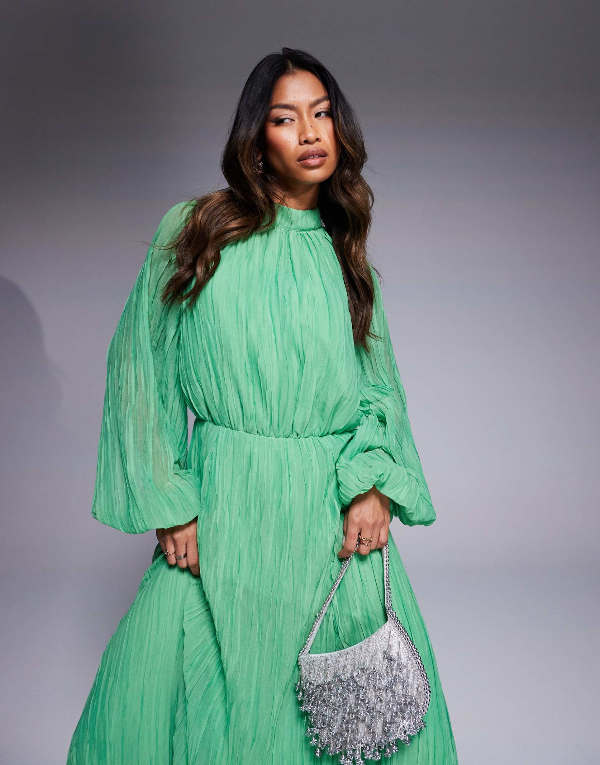 asos design crinkle pleat blouson sleeve high neck maxi dress in green
