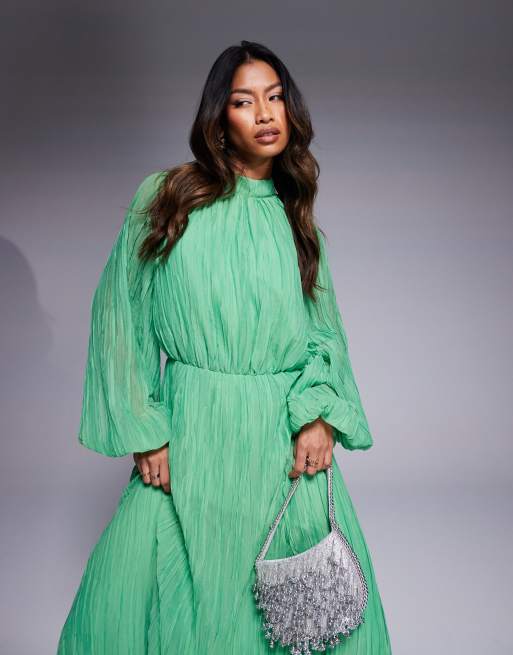 ASOS DESIGN crinkle pleat blouson sleeve high neck maxi dress in green