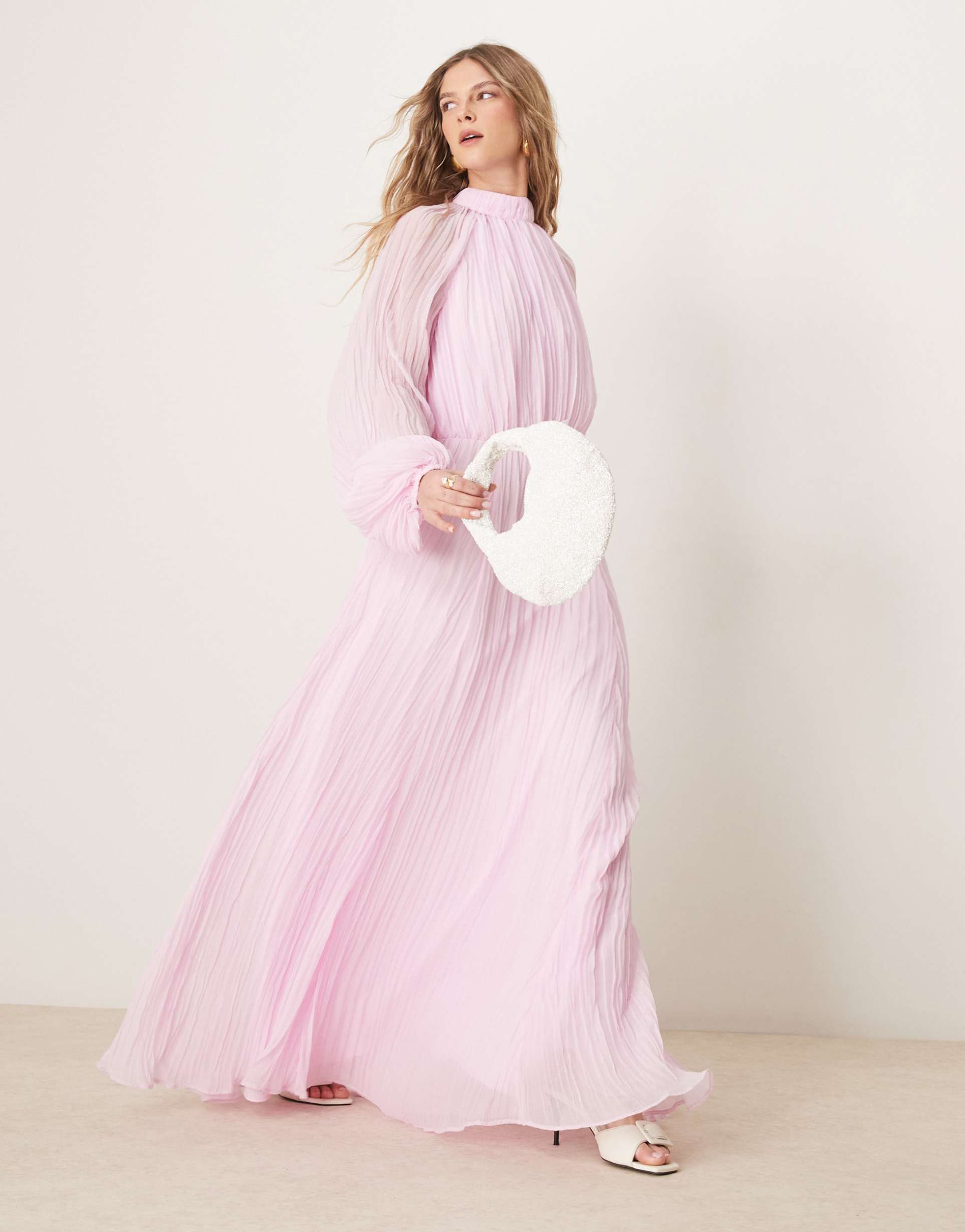 asos design crinkle pleat blouson sleeve high neck maxi dress in light pink