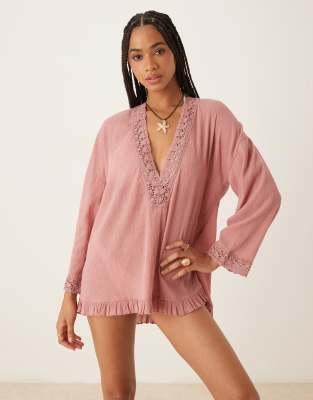 Asos Design Crinkle Plunge Eyelet Beach Dress In Pink
