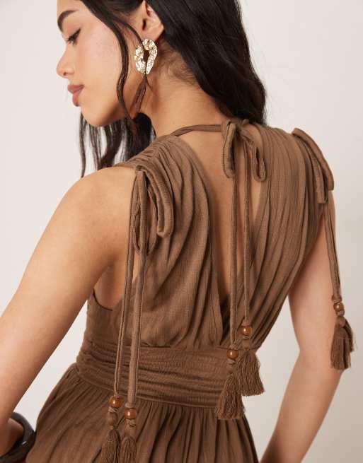 ASOS DESIGN crinkle plunge lace bust tassel maxi dress in chocolate