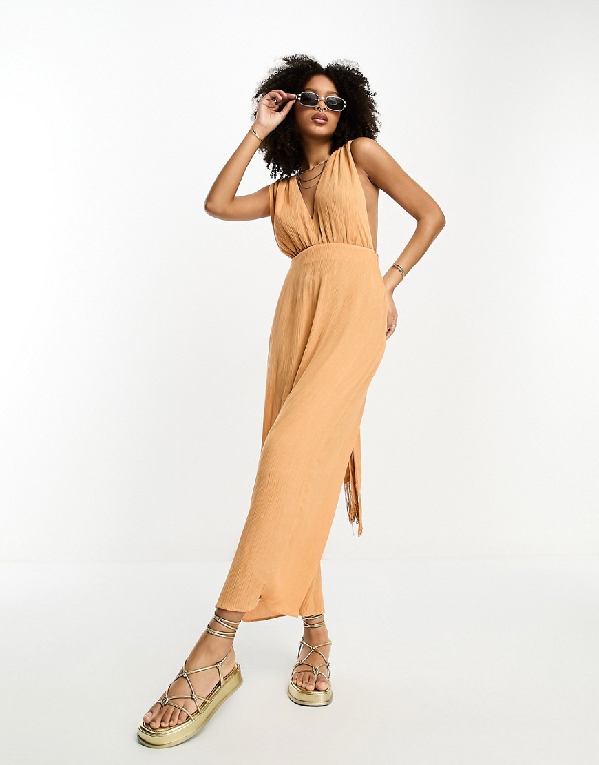 ASOS DESIGN crinkle plunge midi sundress with wrap waist detail and fringe tie in camel-Brown