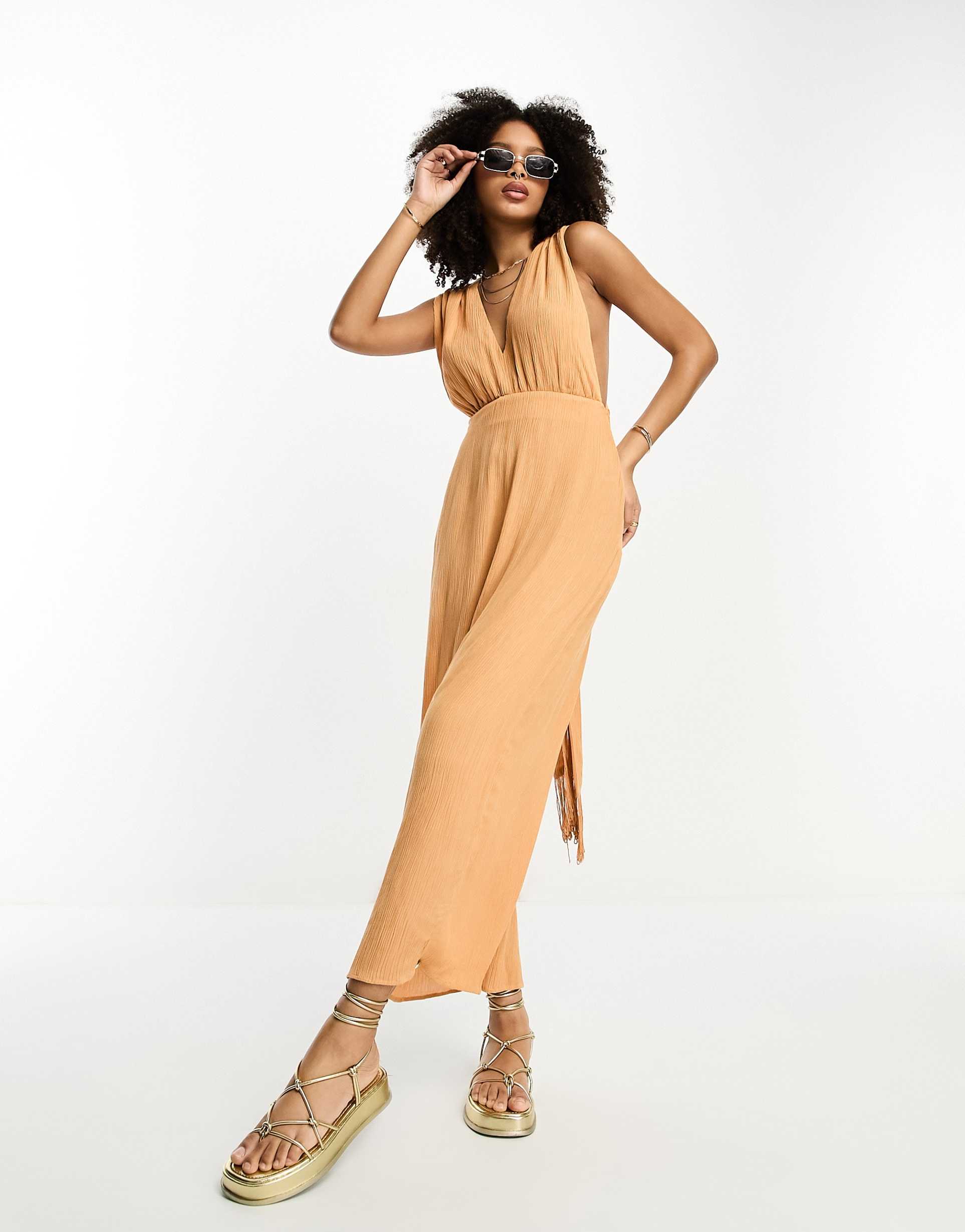 asos design crinkle plunge midi sundress with wrap waist detail and fringe tie in camel