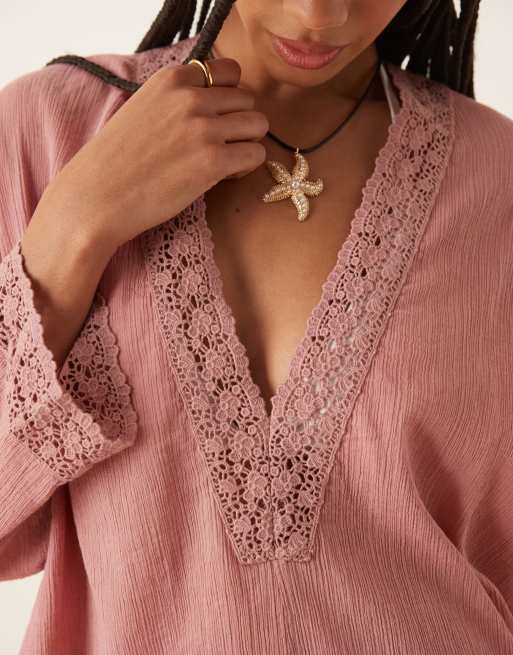 ASOS DESIGN crinkle plunge neck eyelet beach sundress in dusty pink , 3 of 4