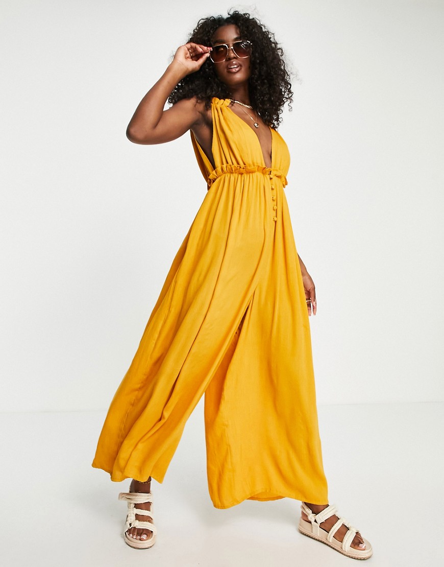 ASOS DESIGN crinkle rayon double strap plunge smock jumpsuit in mustard-Yellow