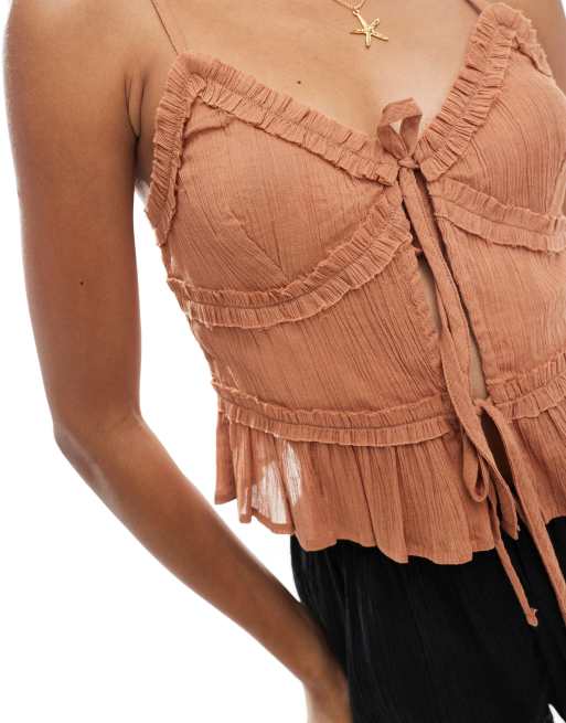 ASOS DESIGN crinkle ruffle detail tie front crop beach top in tobacco brown, 2 of 4