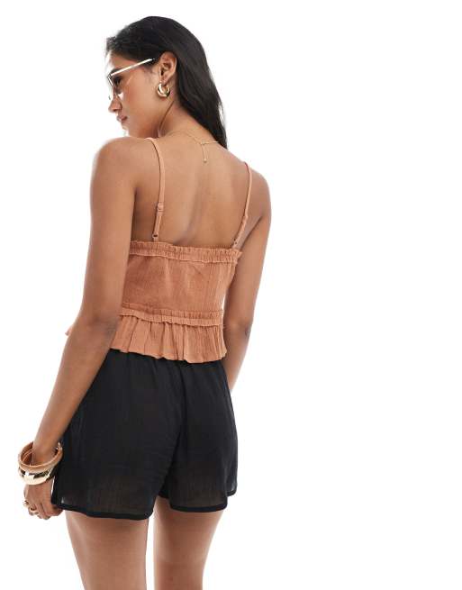ASOS DESIGN crinkle ruffle detail tie front crop beach top in tobacco brown, 4 of 4