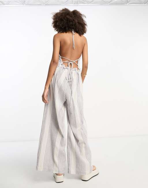 ASOS DESIGN crochet bodice strappy back jumpsuit in crinkle in cream