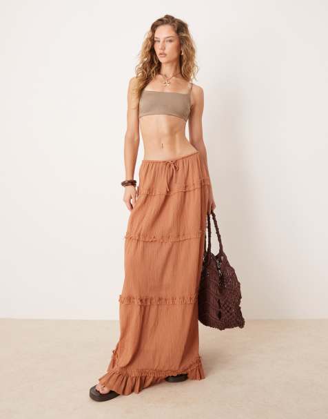 ASOS DESIGN crinkle ruffle maxi beach skirt in tobacco brown - view 1
