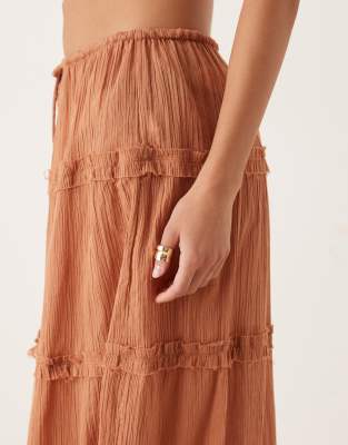 Asos Design Crinkle Ruffle Maxi Beach Skirt In Brown