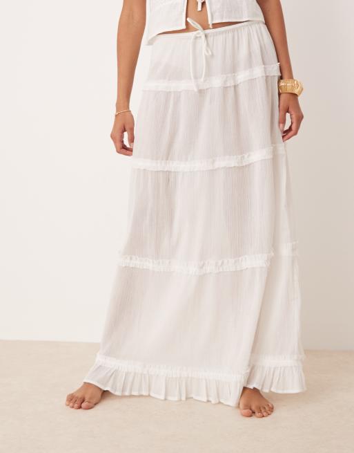 ASOS DESIGN crinkle ruffle maxi beach skirt in white