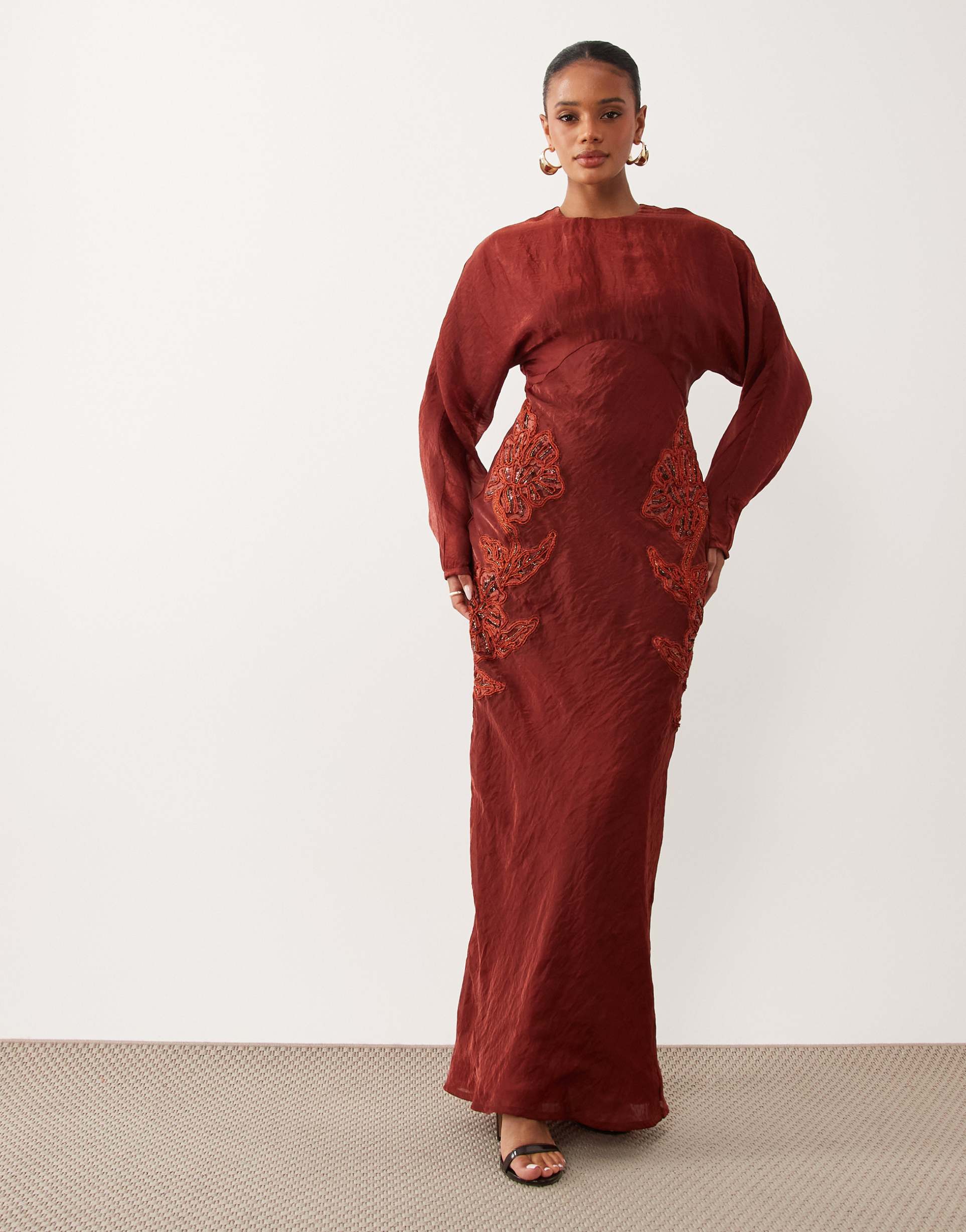 asos design crinkle satin embroidered long sleeve maxi dress in burgundy