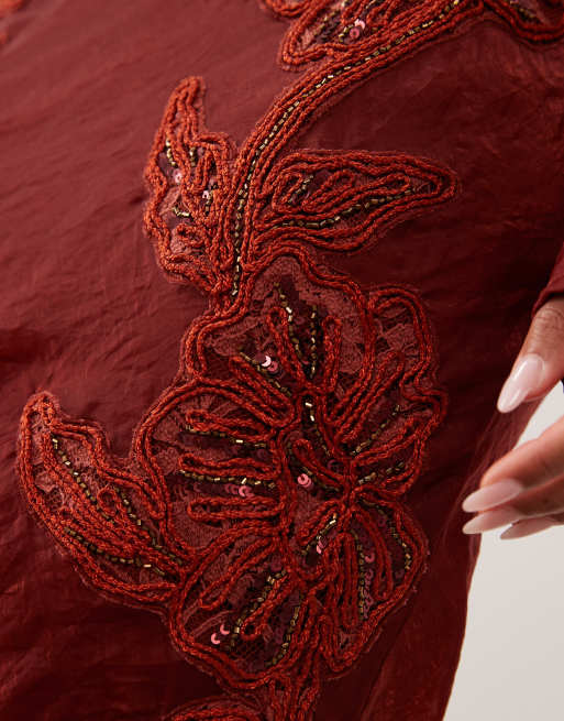 ASOS DESIGN crinkle satin embroidered long sleeve maxi dress in burgundy, 2 of 4