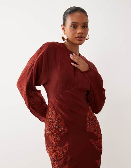ASOS DESIGN crinkle satin embroidered long sleeve maxi dress in burgundy, 3 of 4