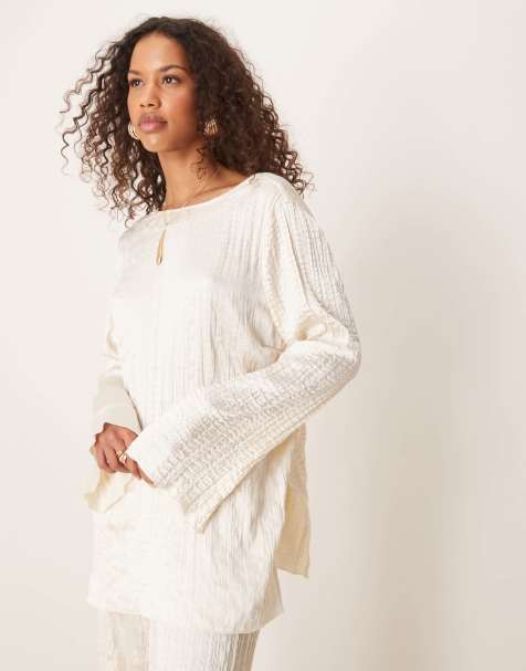 ASOS DESIGN crinkle satin long sleeve top in off white - part of a set - view 1