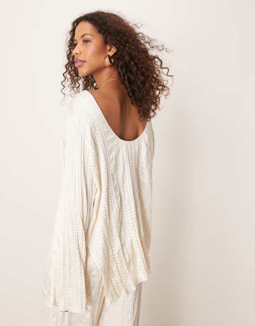 ASOS DESIGN crinkle satin long sleeve top in off white (part of a set), 4 of 4