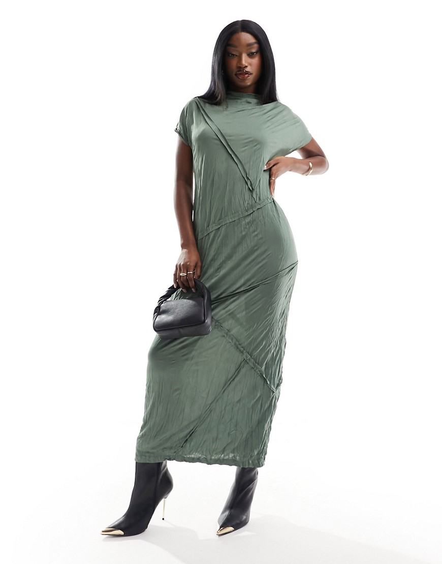 ASOS DESIGN crinkle satin maxi dress with seam detail in khaki-Green