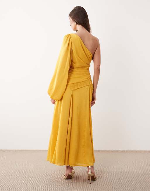 ASOS DESIGN crinkle satin one shoulder drape midaxi dress with blouson sleeve in ochre, 4 of 4