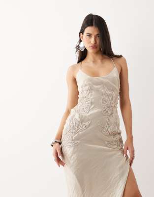 Asos Design Crinkle Satin Scoop Neck Cami Midi Dress With Floral Embellishment In Silver