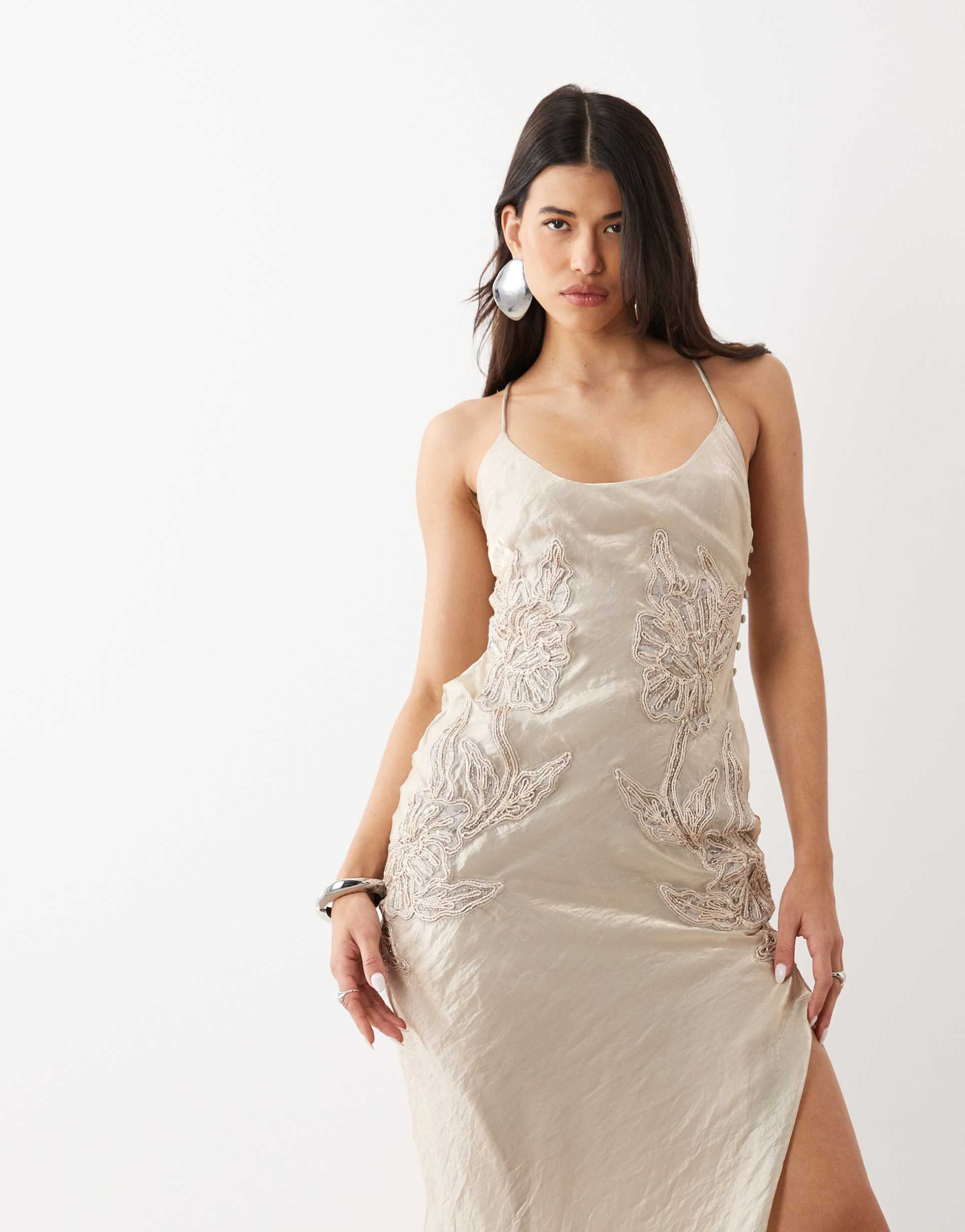 asos design crinkle satin scoop neck cami midi dress with floral embellishment in silver