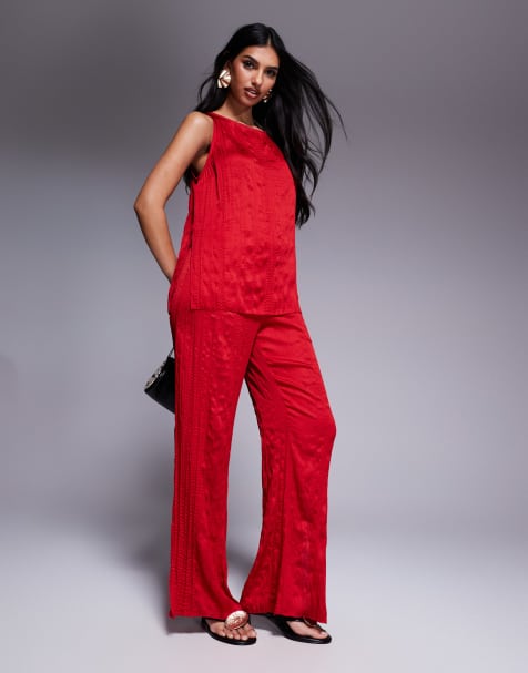 ASOS DESIGN crinkle satin tank top and pants with split detail set in cherry red - view 1