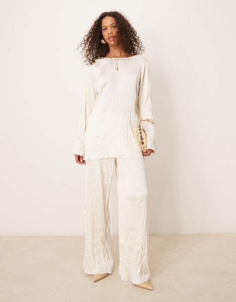 ASOS DESIGN crinkle satin wide leg pants in off white - part of a set - view 1