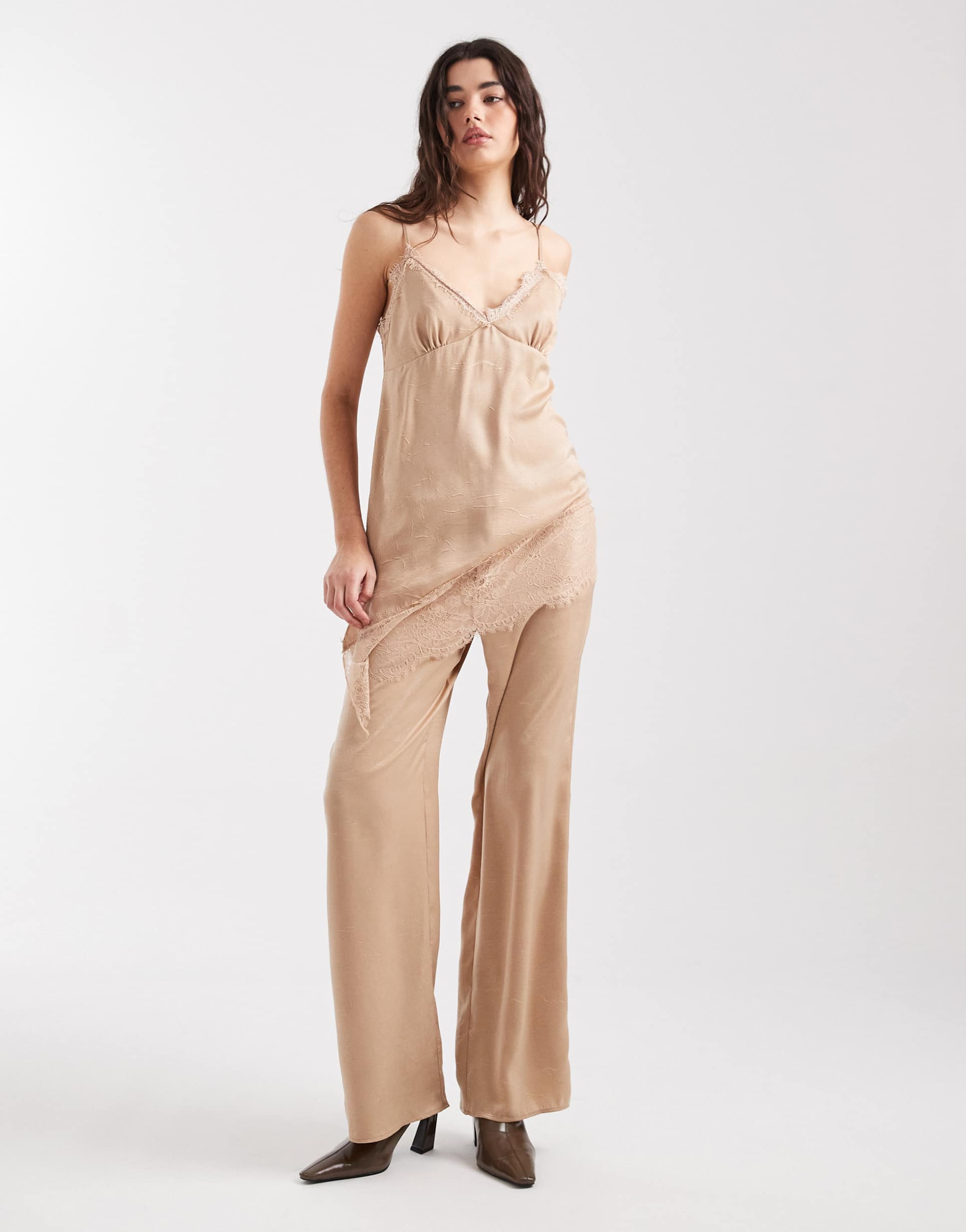 asos design crinkle satin wide leg pull on pants in beige