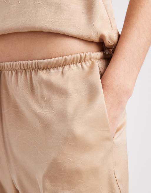 ASOS DESIGN crinkle satin wide leg pull on trouser in beige, 3 of 5